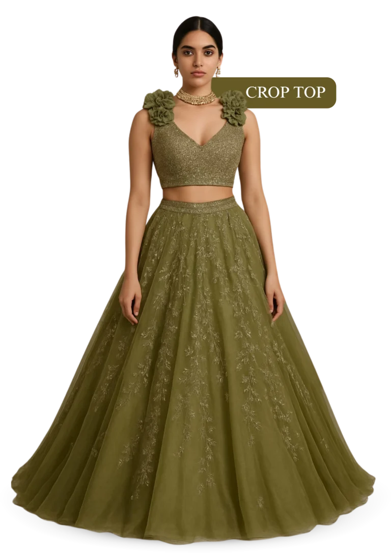 Olive green crop top lehenga with floral embroidery for festive wear, weddings and traditional functions -xtichify.com
