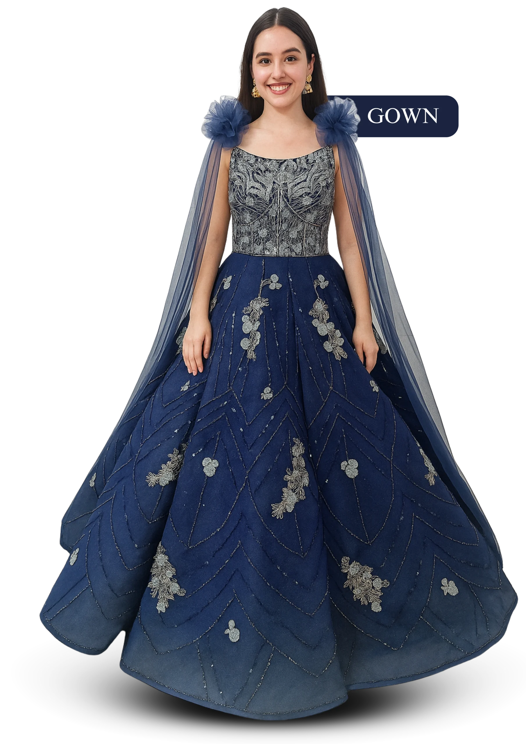 Navy blue designer gown with embroidered bodice and cape sleeves for parties, receptions and evening wear