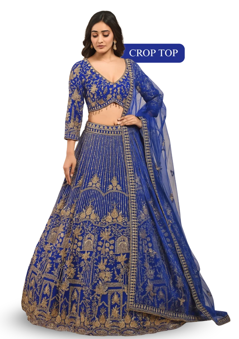 Royal blue crop top lehenga with heavy golden embroidery and dupatta for weddings and festive occasions