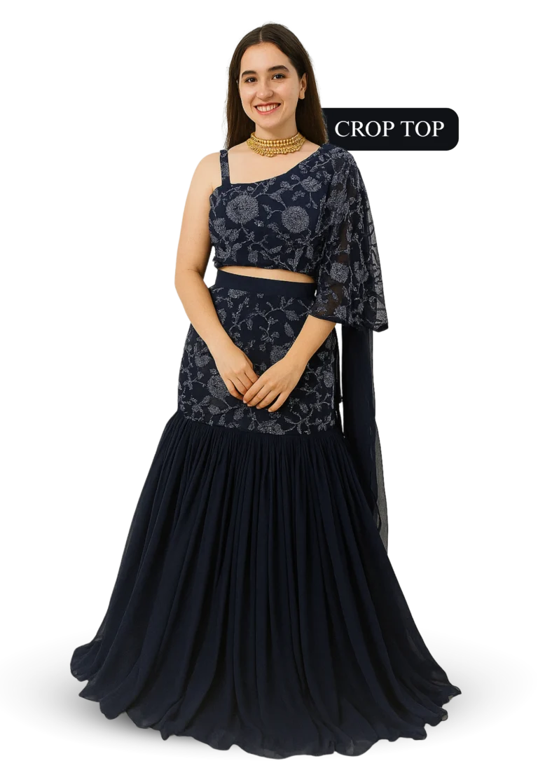 embroidered fish cut crop top lehenga with pleated skirt for party wear, receptions and modern ethnic style