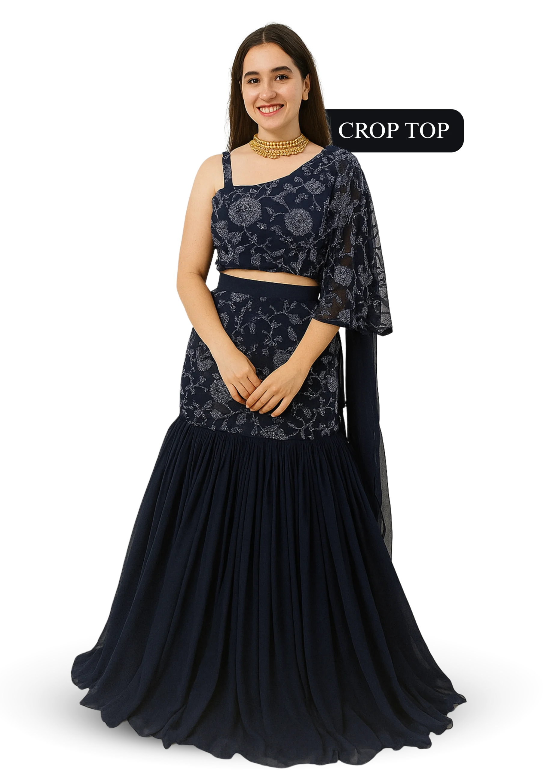 embroidered fish cut crop top lehenga with pleated skirt for party wear, receptions and modern ethnic style