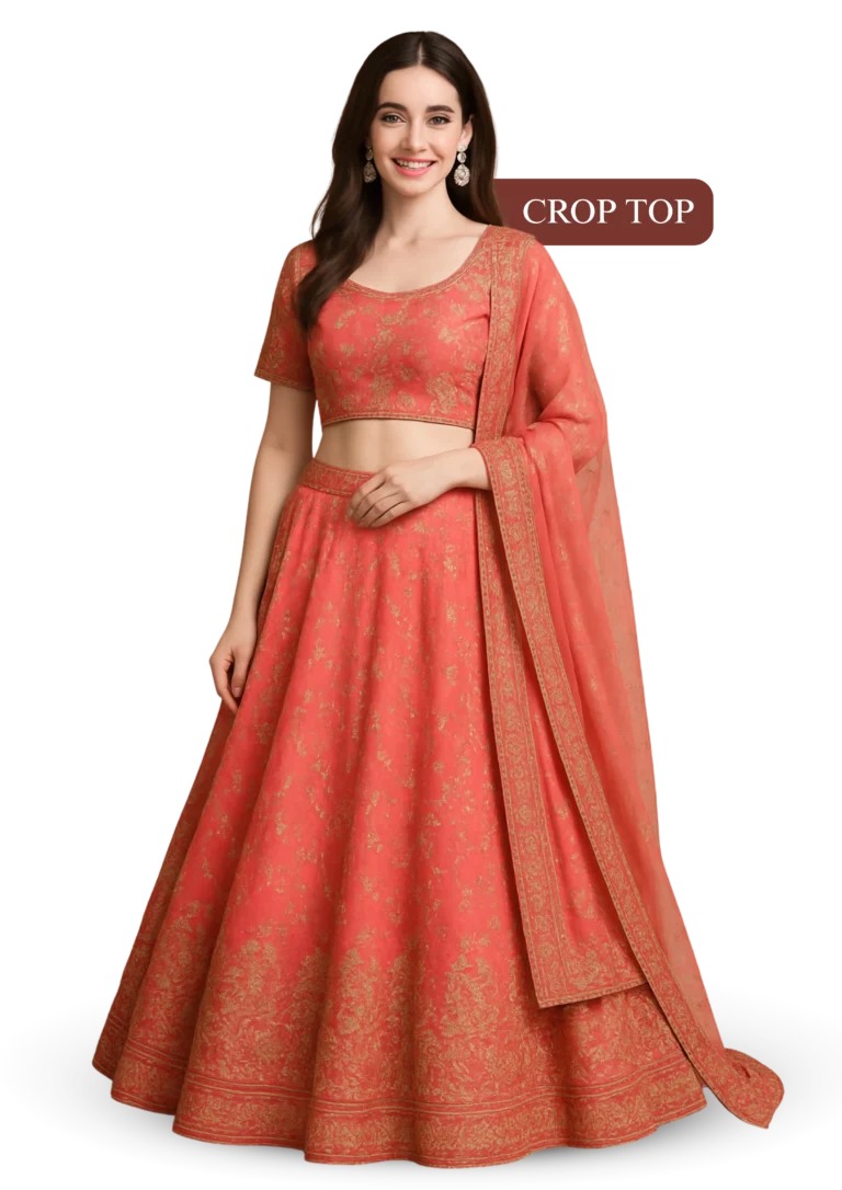 Coral crop top lehenga with golden print and dupatta for festive wear, weddings and traditional events