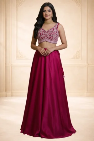 A woman model wear wine colour lehenga which is best for any kind of celebration by xtichify