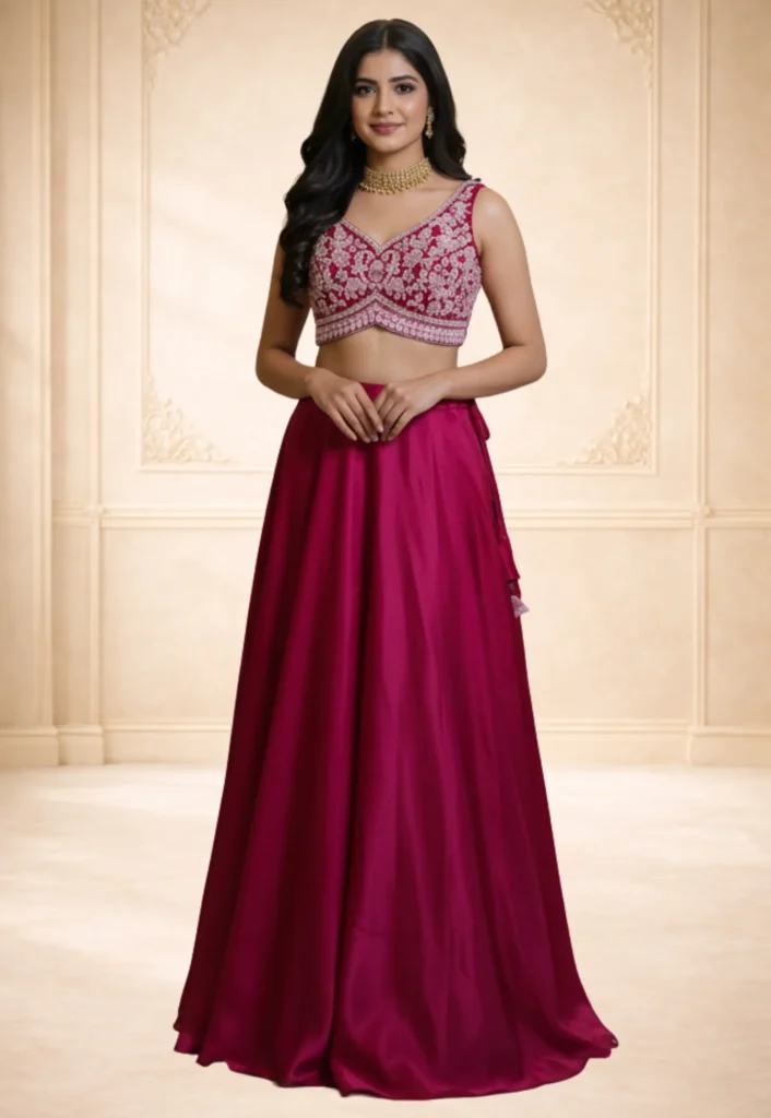 A woman model wear wine colour lehenga which is best for any kind of celebration by xtichify