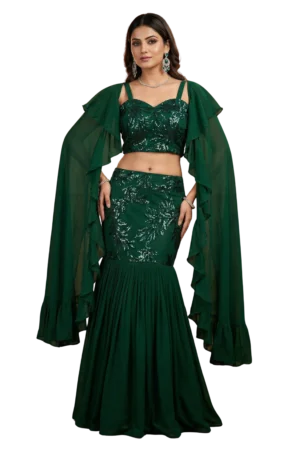 Green Fish Cut Crop Top with Dupatta – Sequin Net Party Wear Set