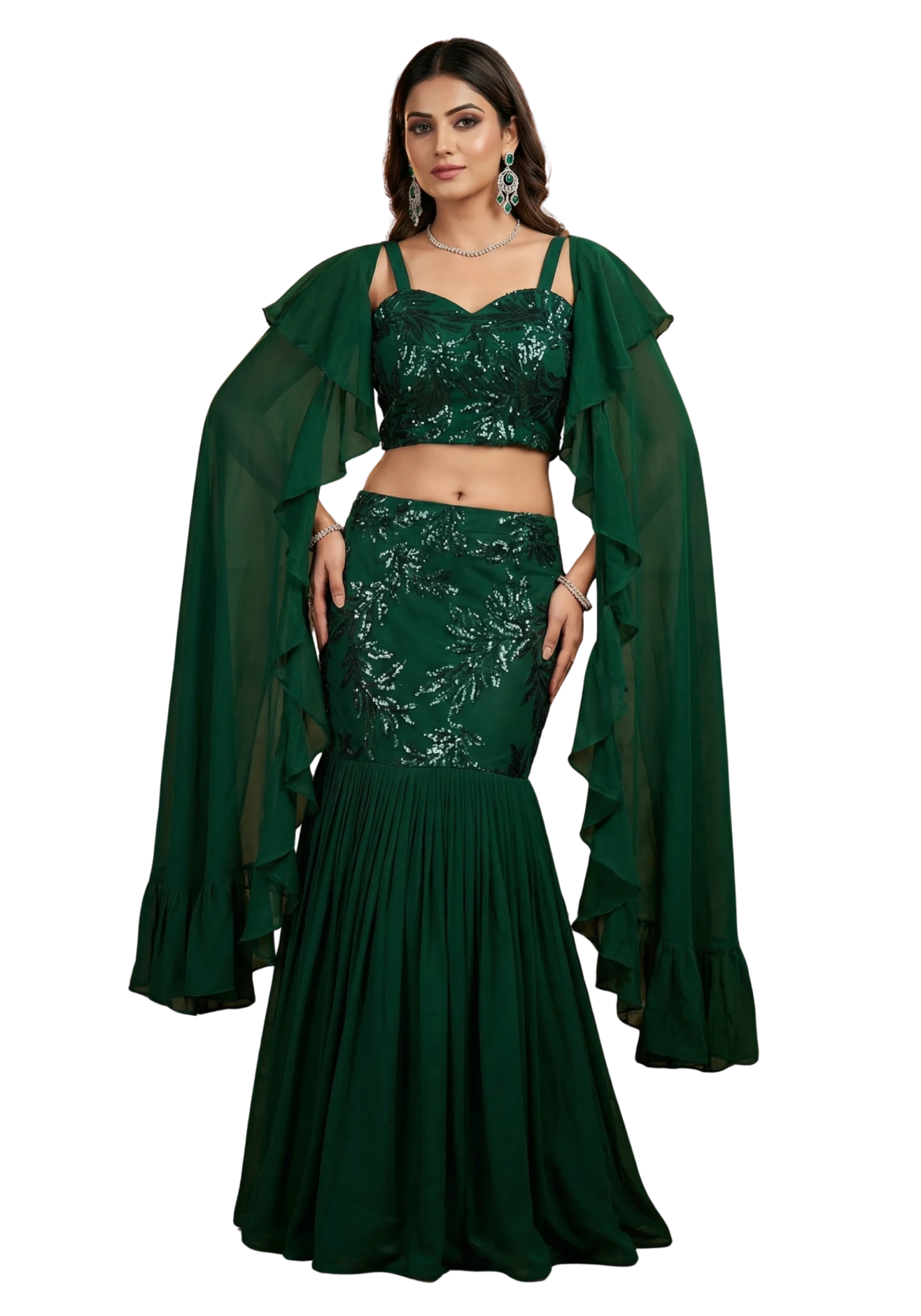 Green Fish Cut Crop Top with Dupatta – Sequin Net Party Wear Set