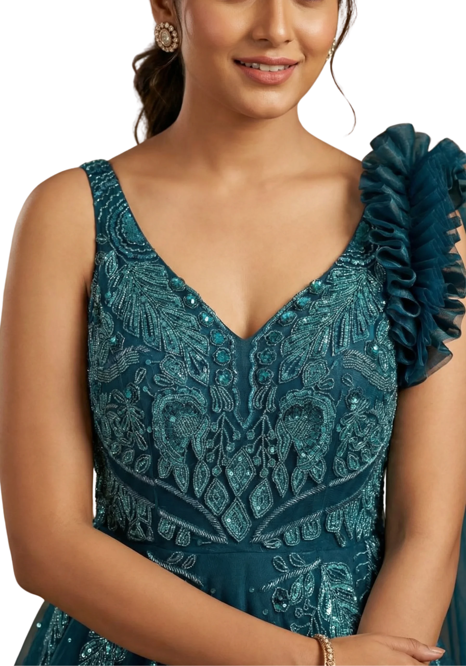 Petrol Blue Handwork Net Embroidery Gown Party Wear Dress - Image 5