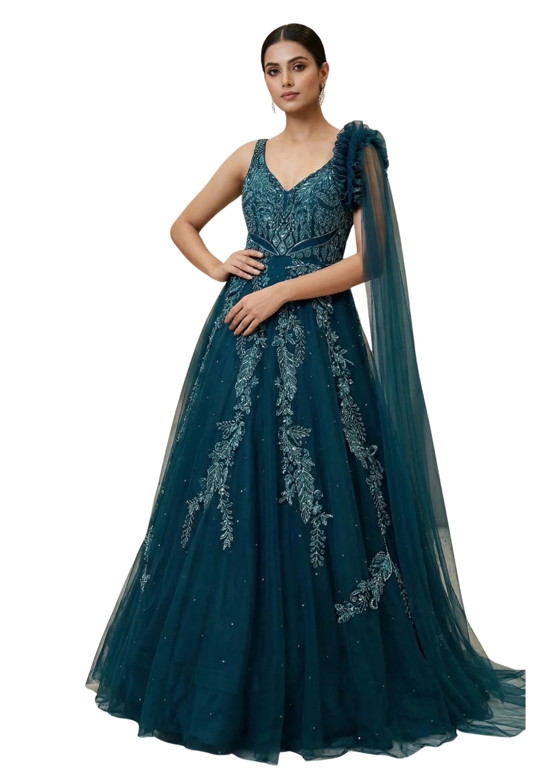 Petrol Blue Handwork Net Embroidery Gown Party Wear Dress - Image 2