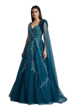 Petrol Blue Handwork Net Embroidery Gown Party Wear Dress