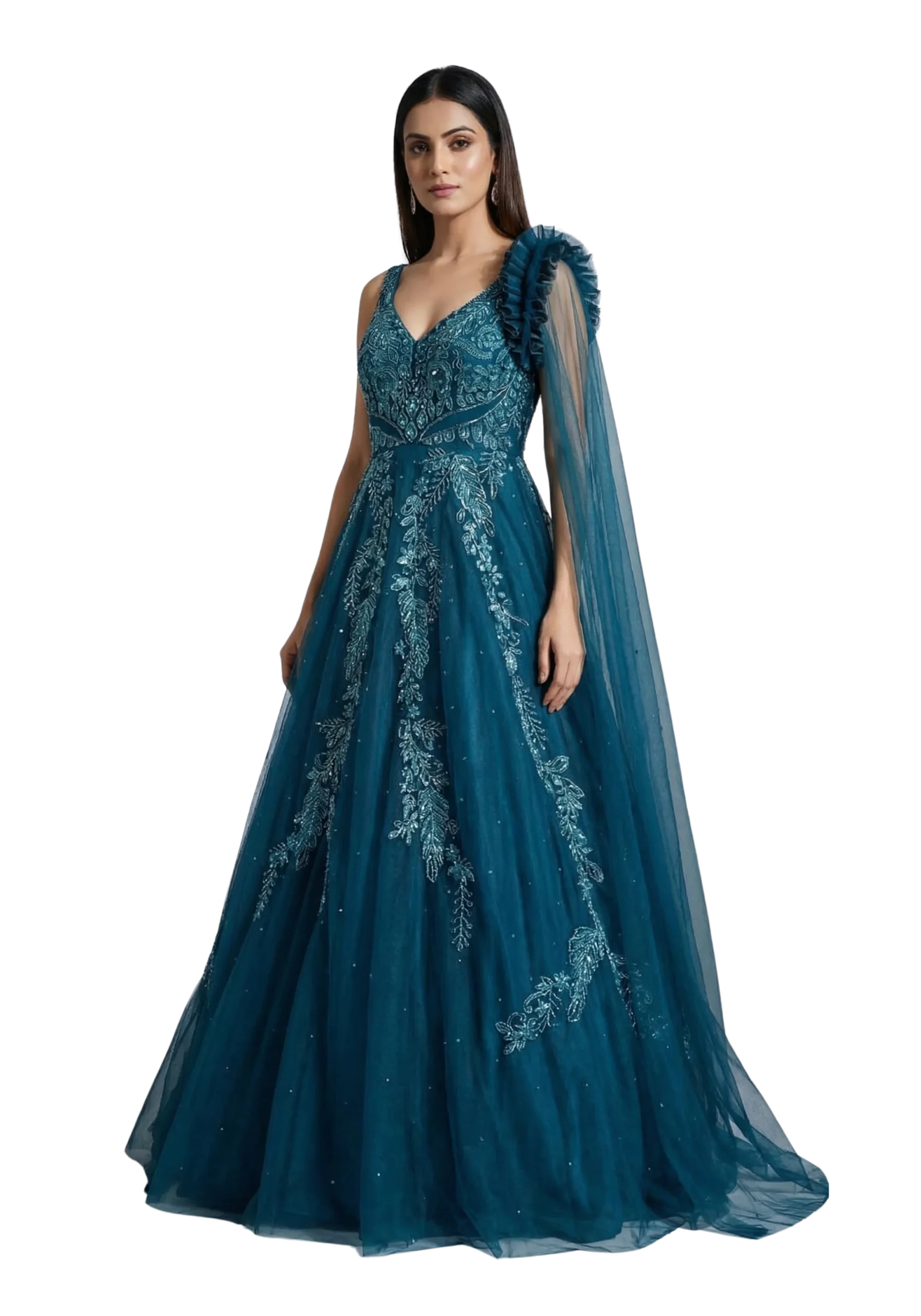 Petrol Blue Handwork Net Embroidery Gown Party Wear Dress