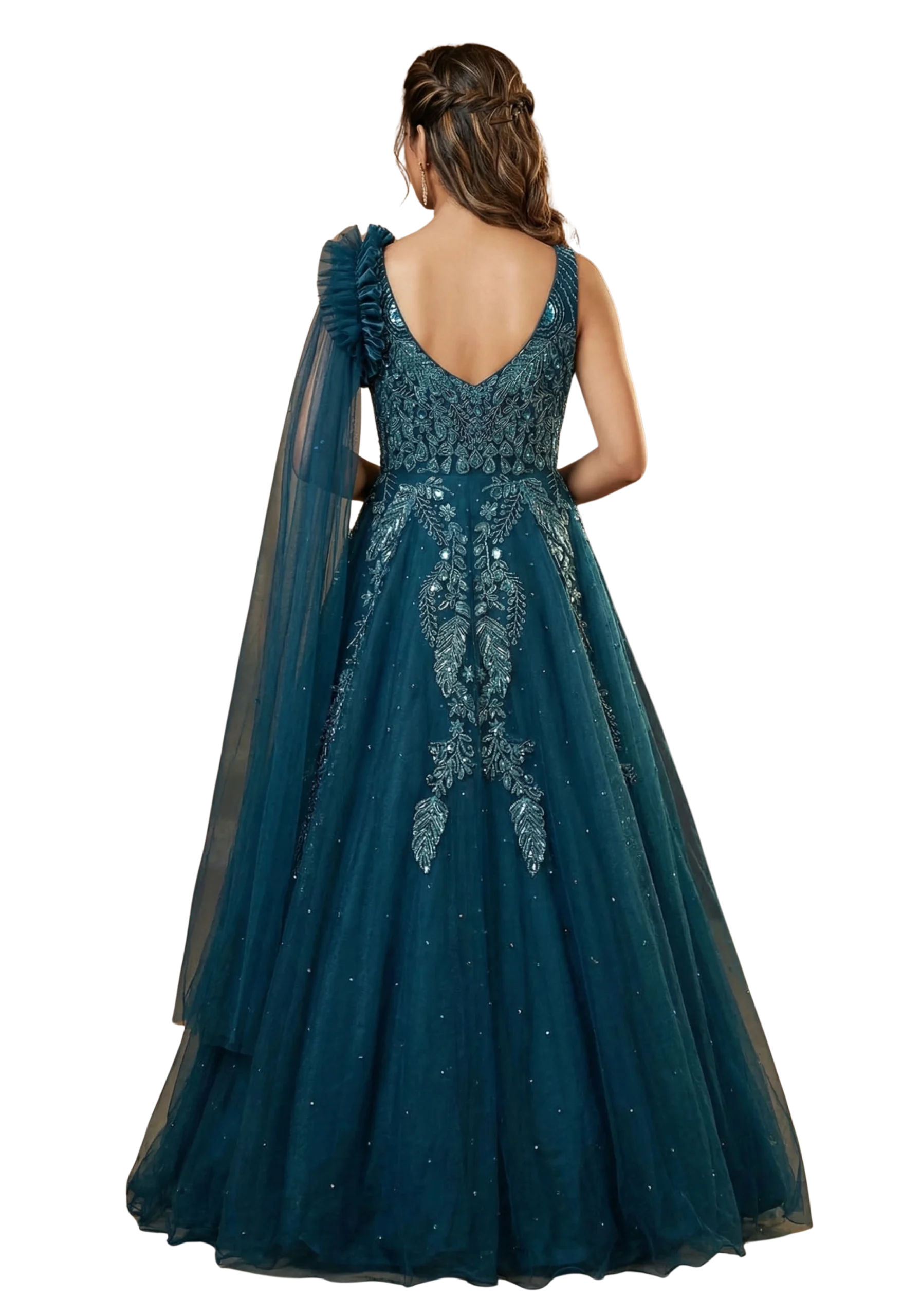 Petrol Blue Handwork Net Embroidery Gown Party Wear Dress - Image 3